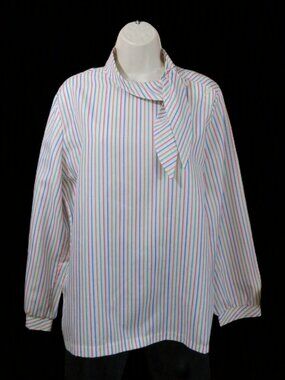 Vtg 80s Lady Devon Striped Secretary Blouse Bow High Neck Top Size 16-18